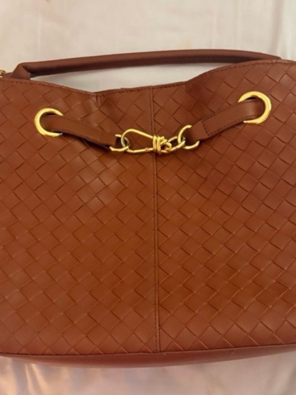 Woven Leather Shoulder Bag in Chestnut Brown with Gold Hardware
